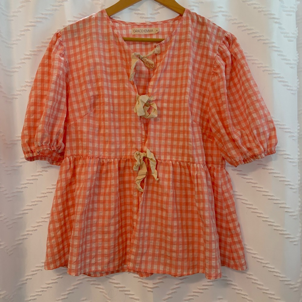 Grace + Emma Pink Gingham Tie Front Babydoll Peplum Puff Sleeve Top Large